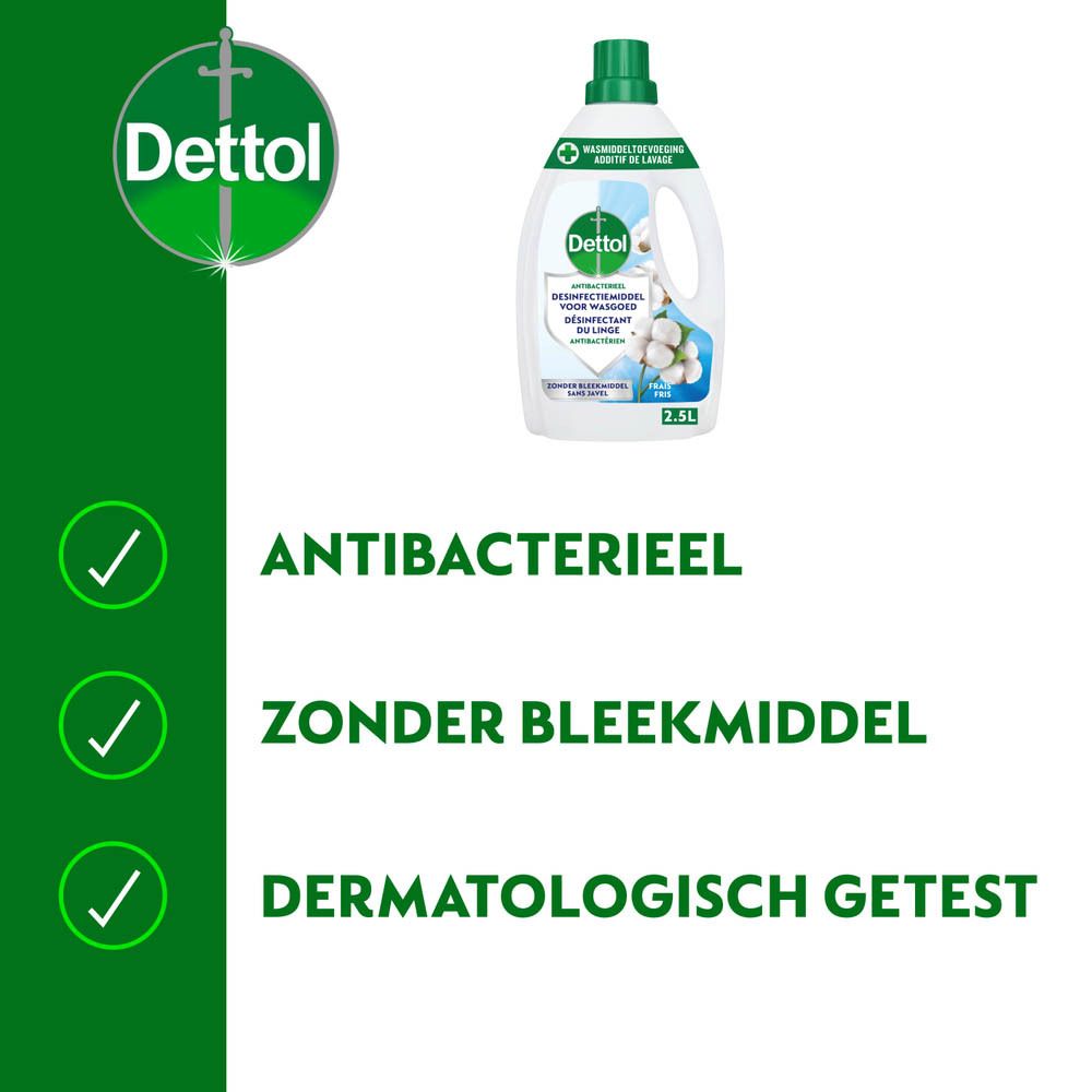 Dettol Textiel Desinfectiemiddel en logo's. Tekst: Antibacterieel, zonder bleekmiddel, dermatologisch getest.