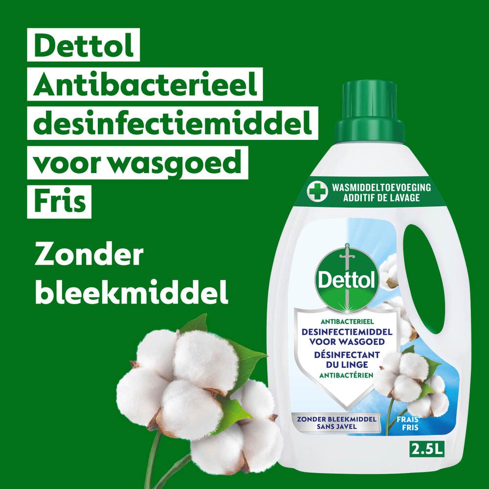 Dettol Textiel Desinfectiemiddel. Tekst: Antibacterieel, zonder bleekmiddel, Fris. 2,5L. Katoen illustratie.