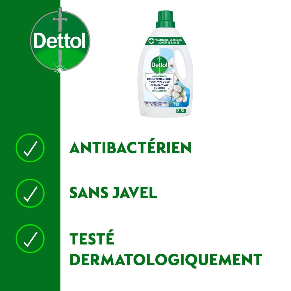 Dettol Désinfectant Textile, bouteille de 2,5L avec bouchon vert et motif coton.