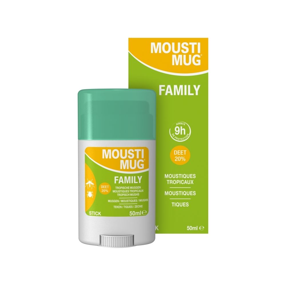 Moustimug Family Stick 20% DEET, 50ml. Étiquetage français.