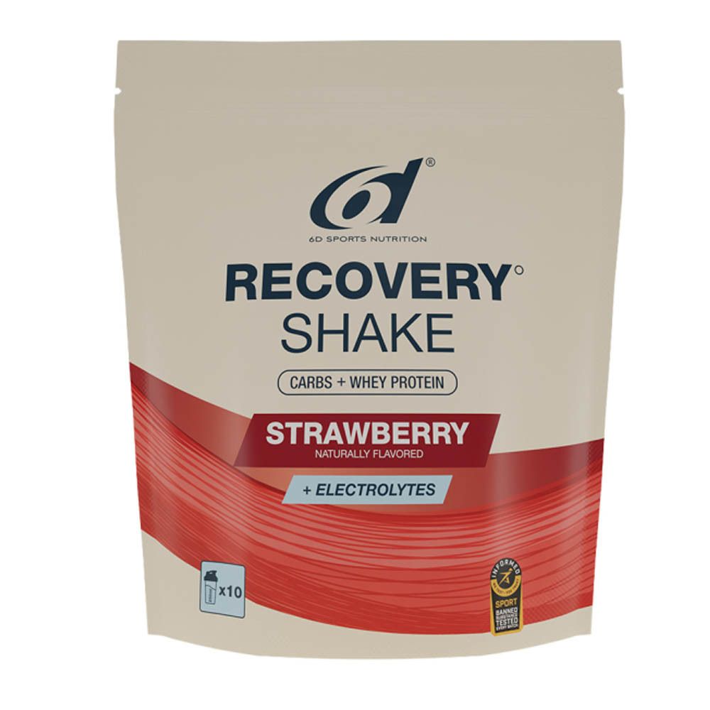 Zakje met rood en wit ontwerp. Opschrift: 6d Sports Nutrition, Recovery Shake, Aardbei, Elektrolyten. Logo en x10-symbool.