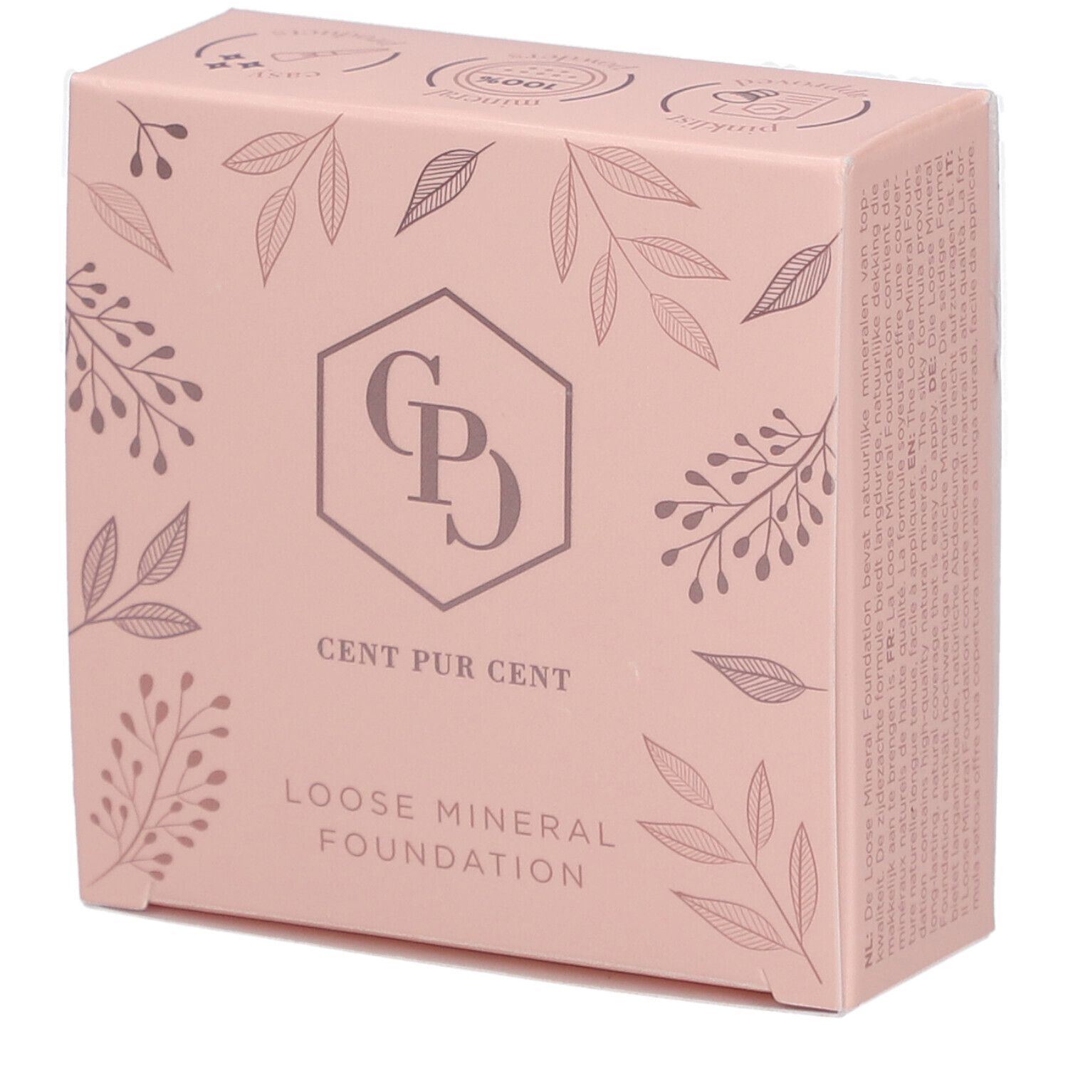 Roze doos met bloemenpatroon. Logo: CPD, Cent Pur Cent, Loose Mineral Foundation.
