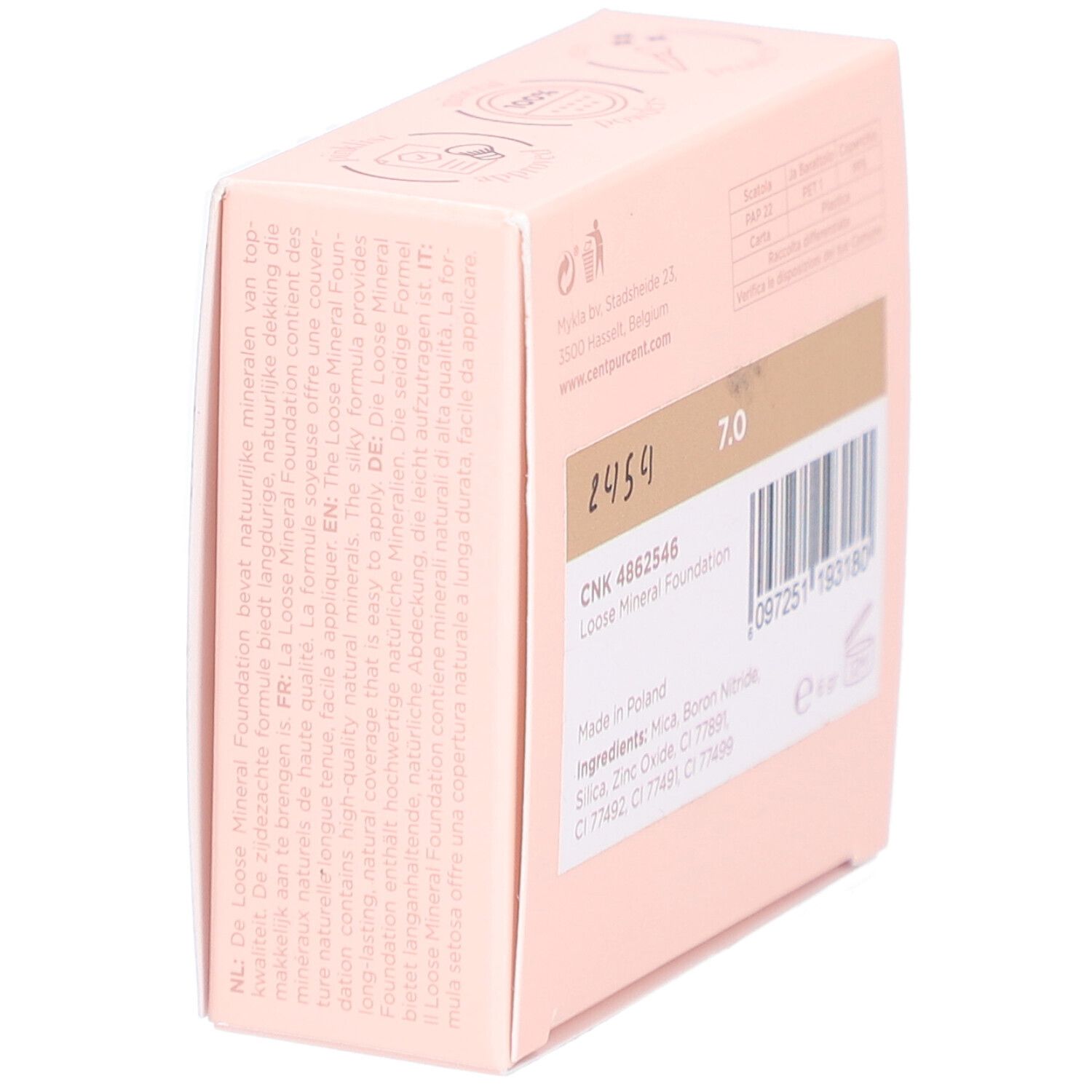 Roze doos met tekst. Productinfo, barcode, ingrediënten, 7.0, 6 gr, 12M.
