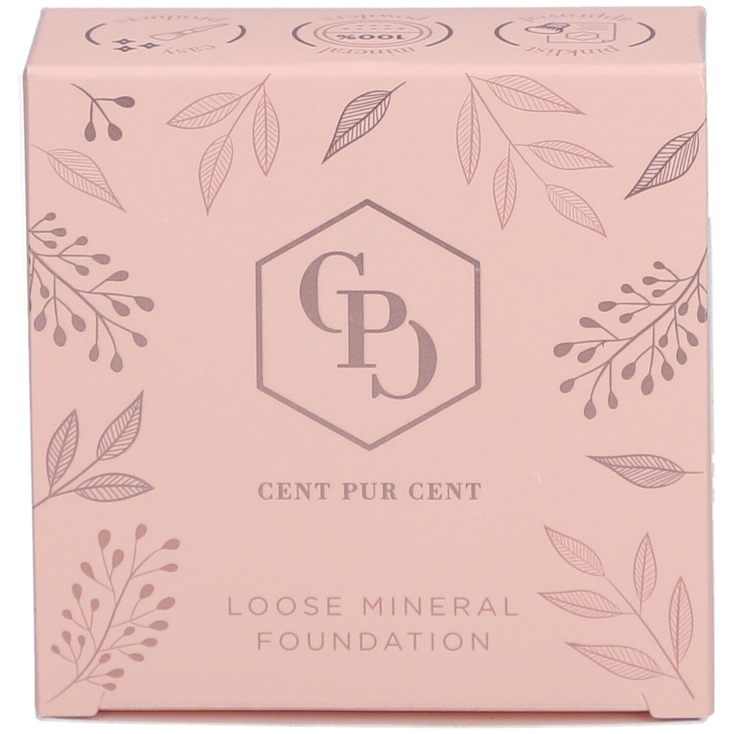 Roze doos met bloemenpatroon. Logo: CPD, Cent Pur Cent, Loose Mineral Foundation.
