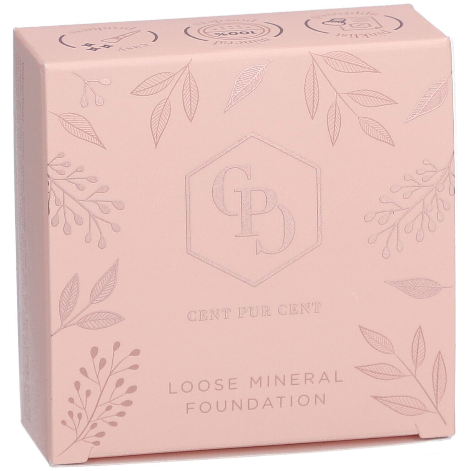 Roze doos met bloemenpatroon. Logo: CPD, Cent Pur Cent, Loose Mineral Foundation.