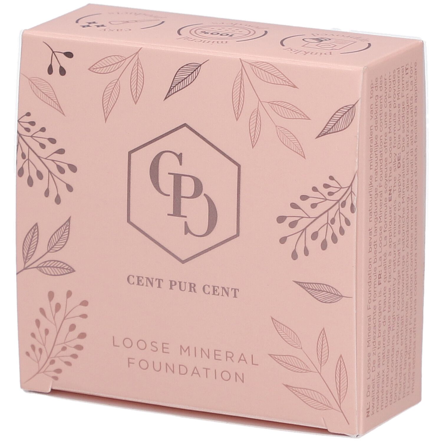 Roze doos met bloemmotieven. Logo en tekst: Cent Pur Cent Loose Mineral Foundation.
