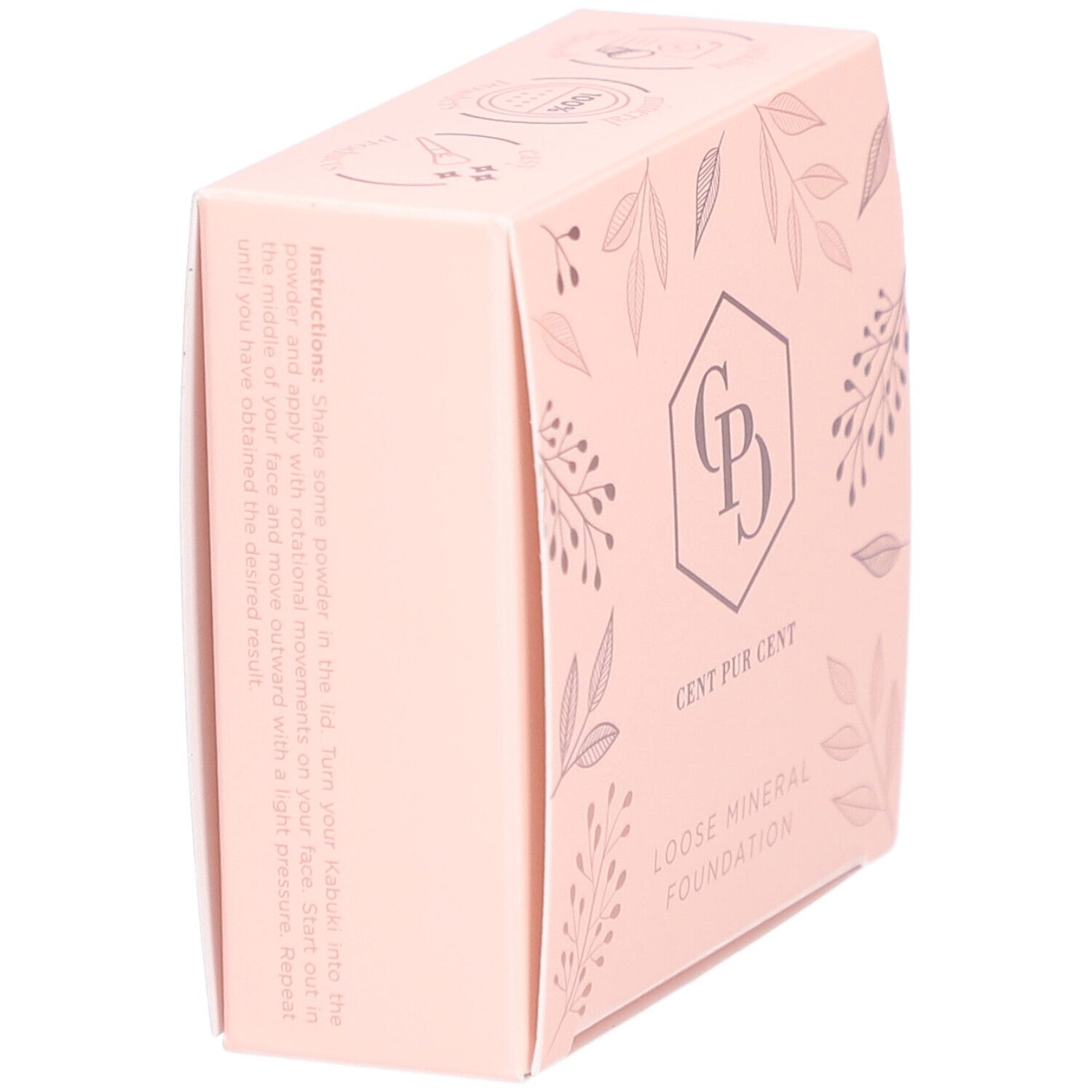 Roze doos, schuin. Logo en tekst: Cent Pur Cent Loose Mineral Foundation. Tekst op de zijkant.