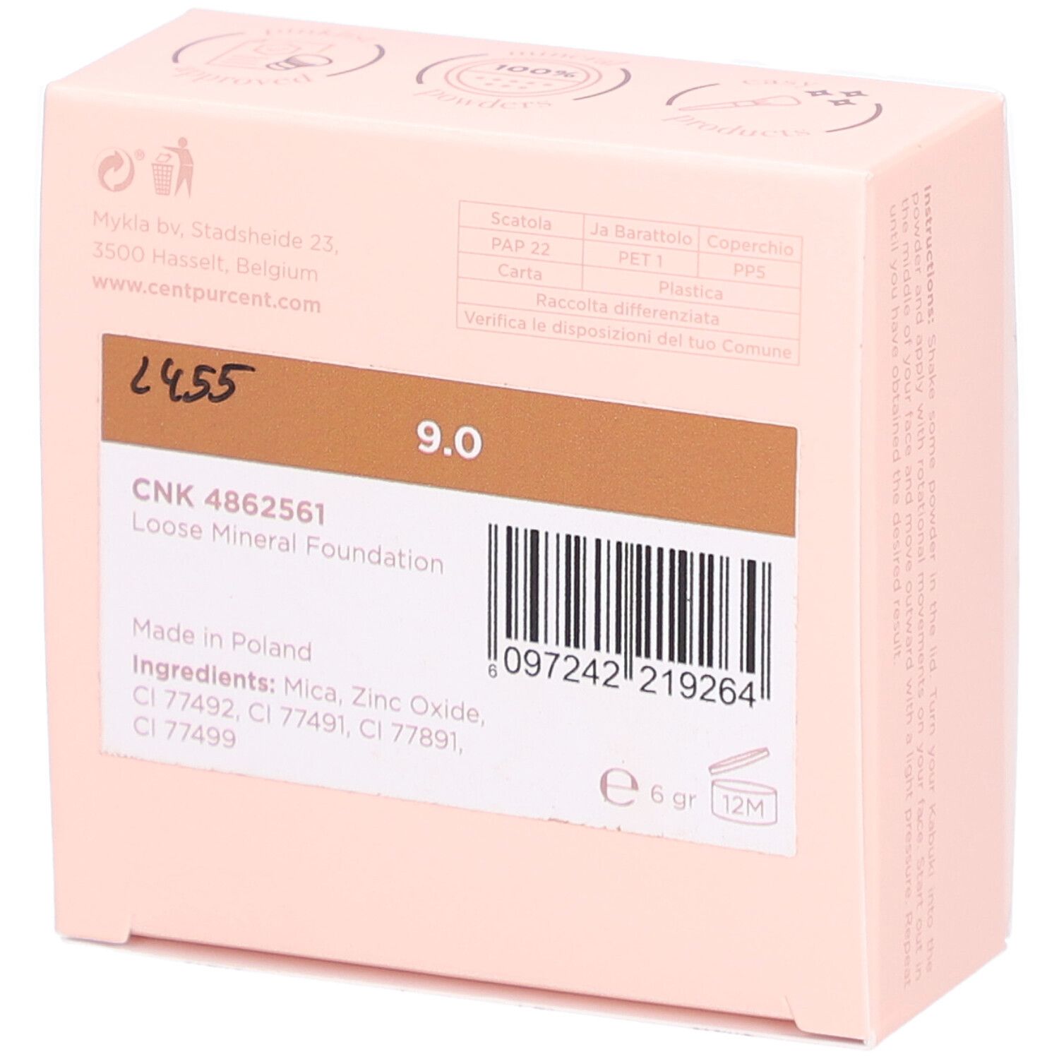 Achterkant roze doos. Productnummer, tint 9.0, barcode, ingrediënten, 6 gr, 12M.