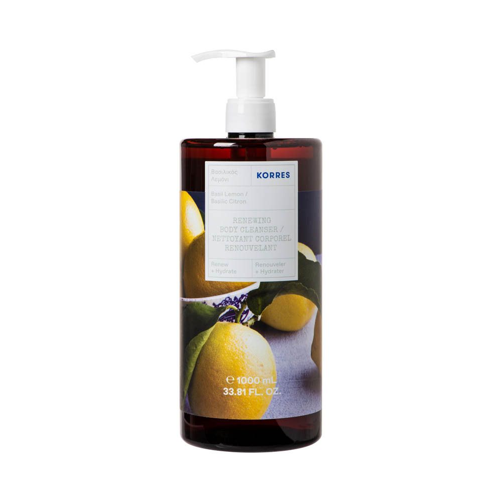 Douchegelfles met pomp. Opschrift: KORRES, Basil Lemon. Afbeelding van citroenen. Volume: 1000 ml.