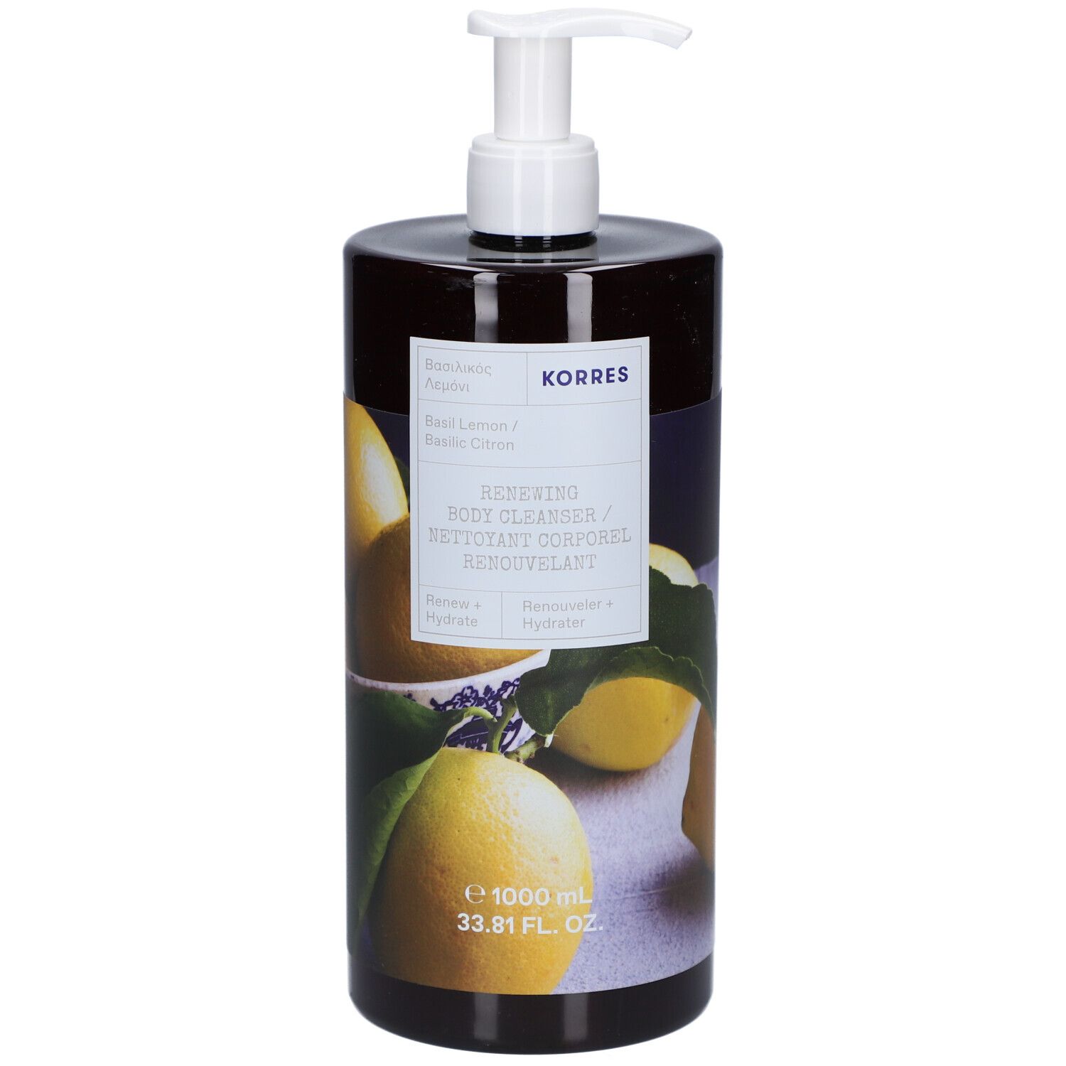 Douchegelfles met pomp. Opschrift: KORRES, Basil Lemon. Afbeelding van citroenen. Volume: 1000 ml.