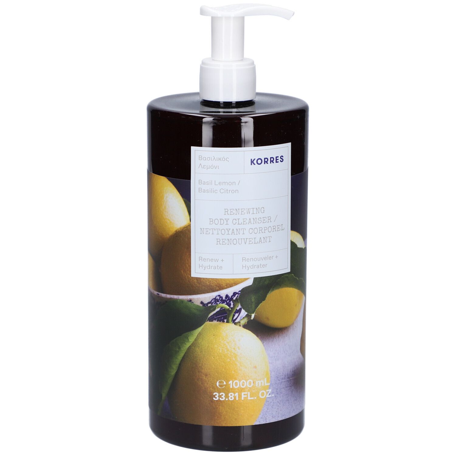 Douchegelfles met pomp. Opschrift: KORRES, Basil Lemon. Afbeelding van citroenen. Volume: 1000 ml.