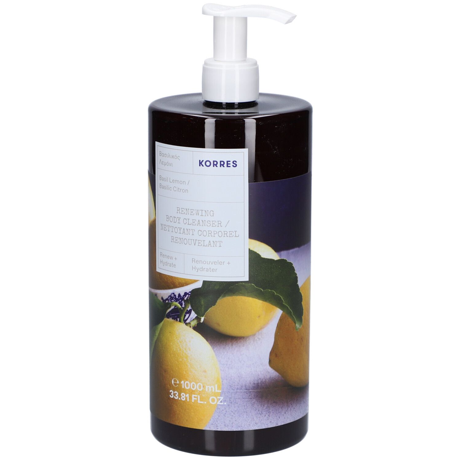 Douchegelfles met pomp. Opschrift: KORRES, Basil Lemon. Afbeelding van citroenen. Volume: 1000 ml.