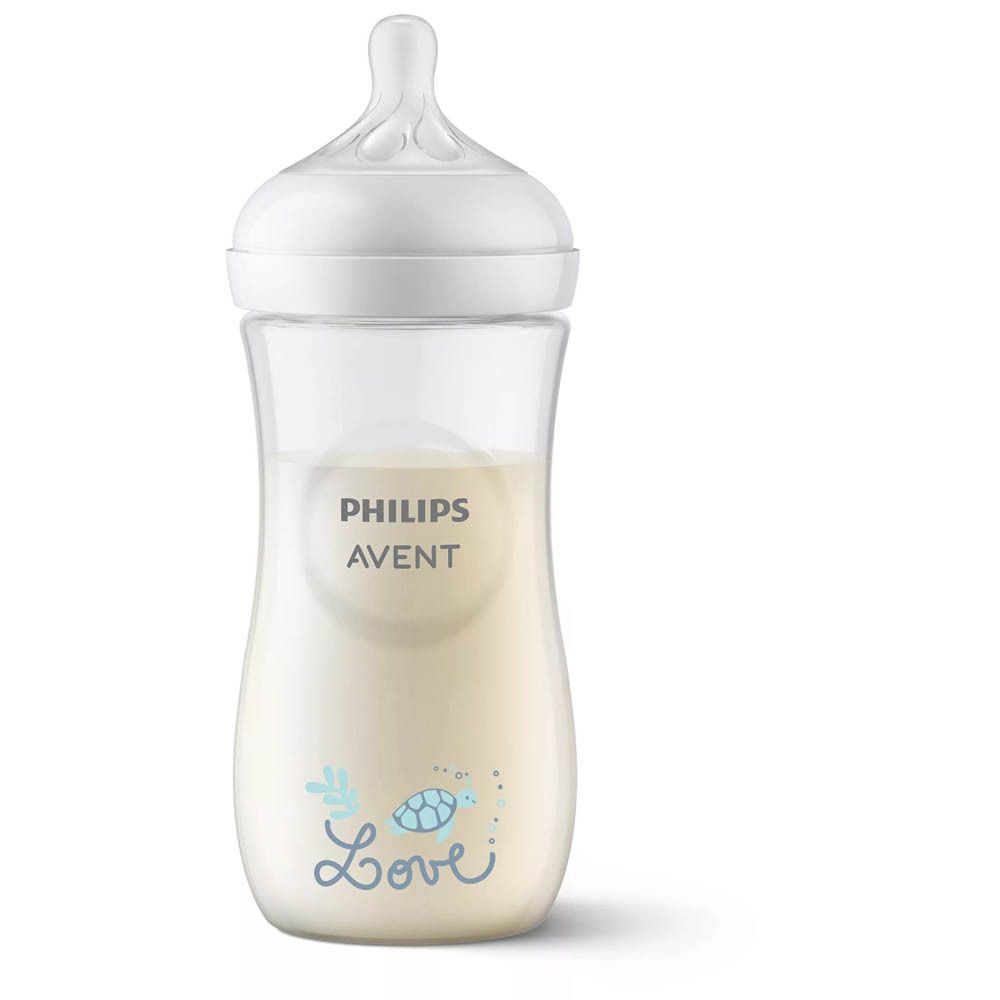 Philips Avent Babyfles met melk. Witte deksel, transparante fles. Logo en tekst.
