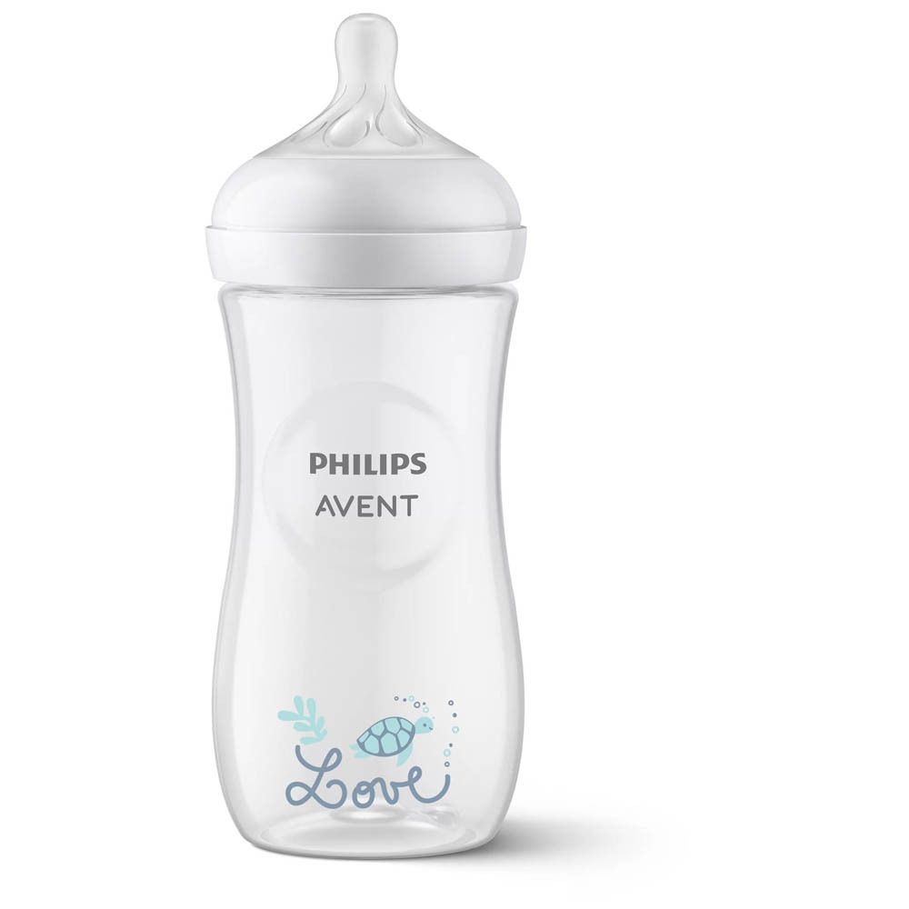 Philips Avent Babyfles met melk. Witte deksel, transparante fles. Logo en tekst.