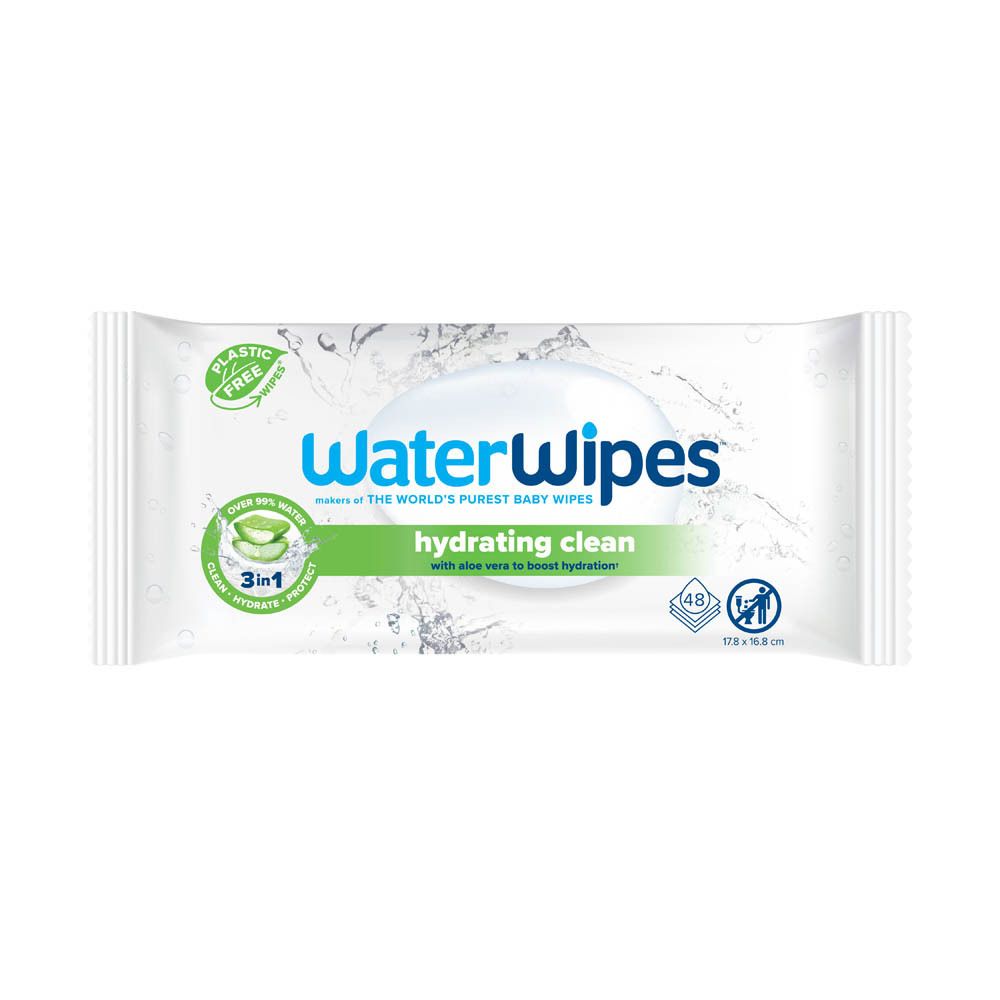 Witte verpakking 'WaterWipes hydrating clean'. Bevat 48 doekjes. Met aloë vera.