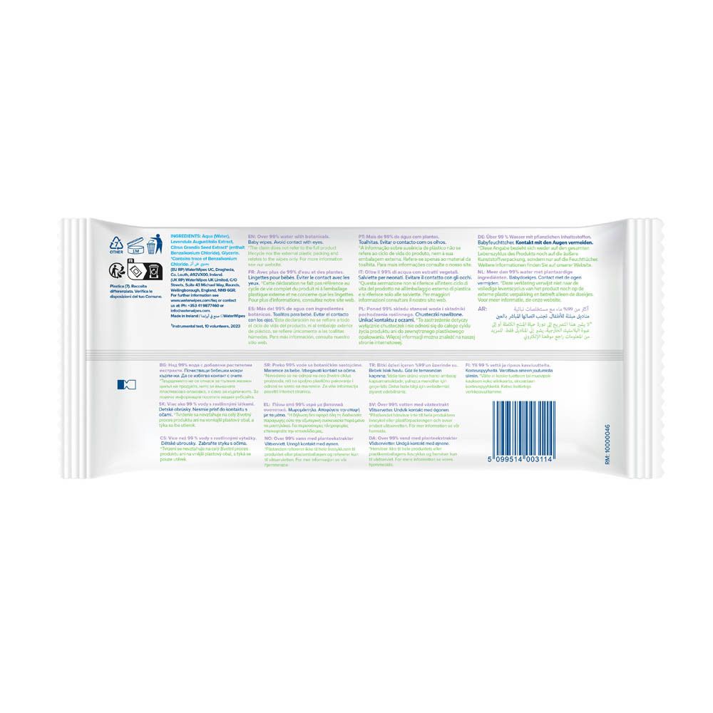 Achterkant verpakking 'WaterWipes hydrating clean'. Meertalige tekst. Streepjescode.