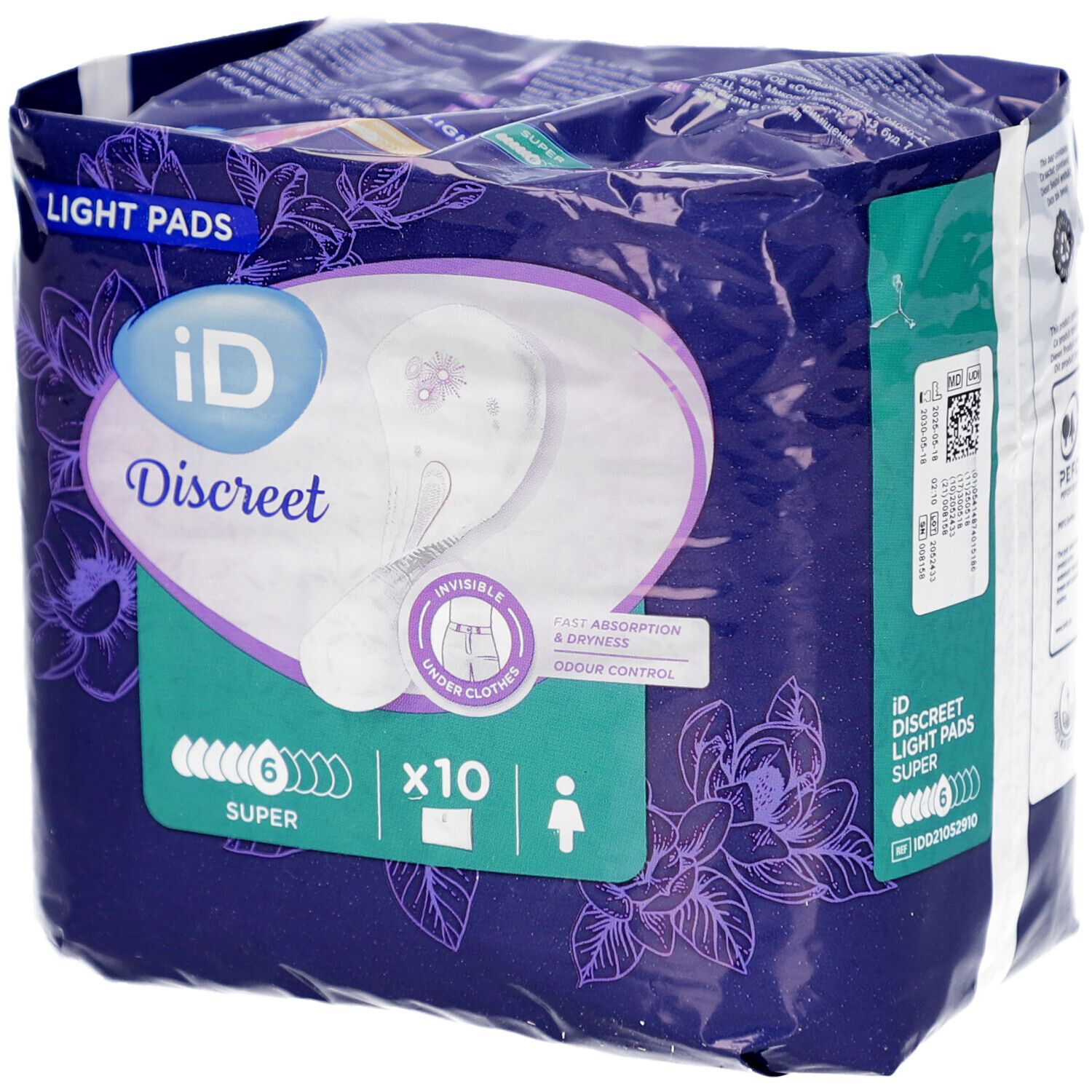 Paquet de iD Discreet Light Pads Super. Emballage violet avec illustration du produit et motif floral. Contient 10 protections.