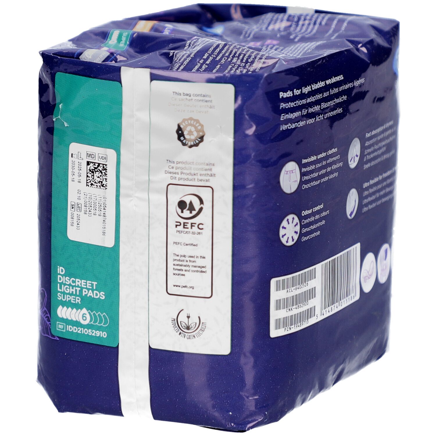 Dos du paquet iD Discreet Light Pads Super. Contient des informations, des logos et la certification PEFC.