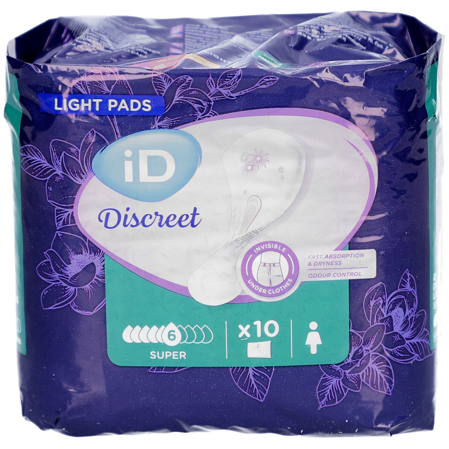 Paquet iD Discreet Light Pads Super. Emballage violet avec illustration du produit et motif floral. Contient 10 protections.
