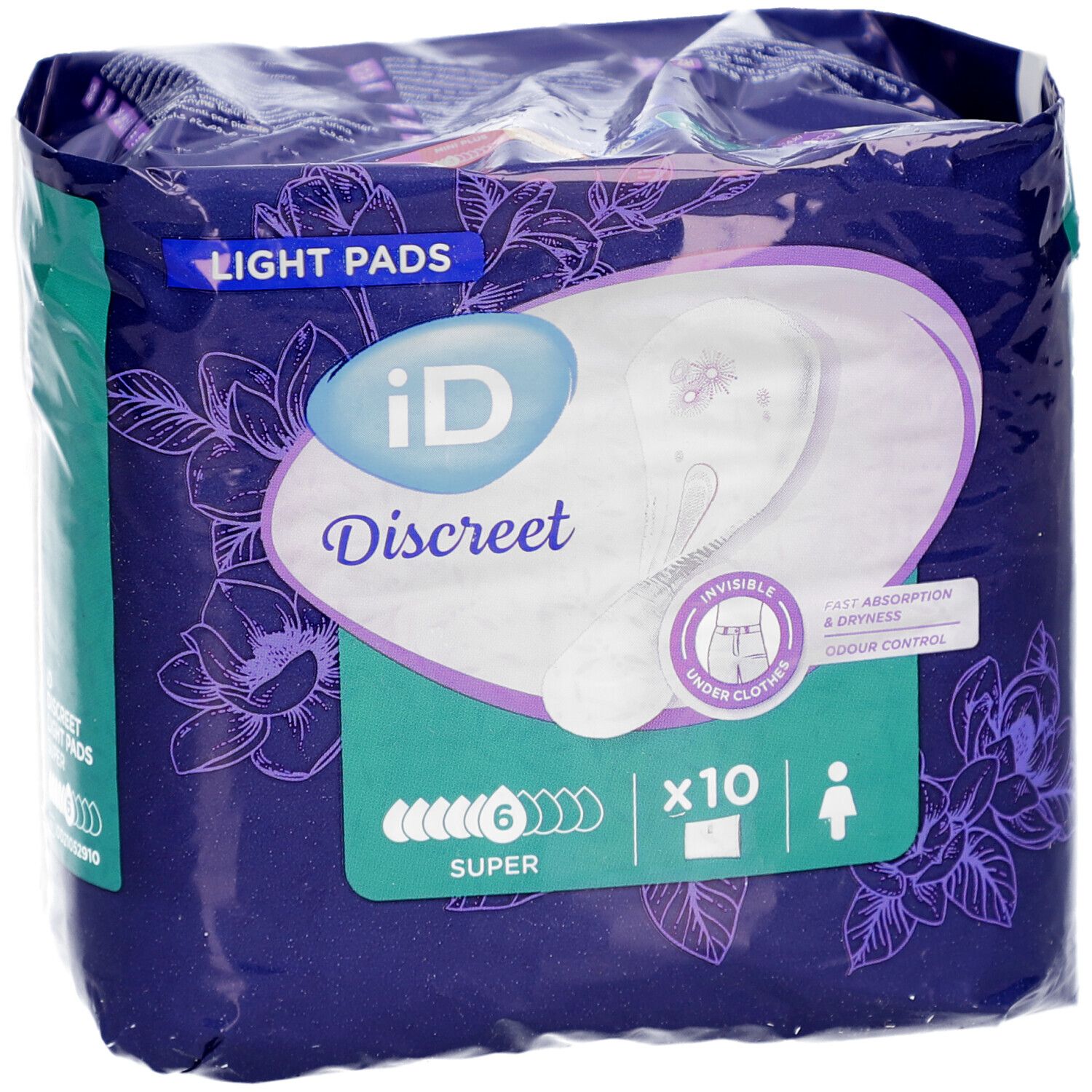 Paquet iD Discreet Light Pads Super. Emballage violet avec illustration du produit et motif floral. Contient 10 protections.