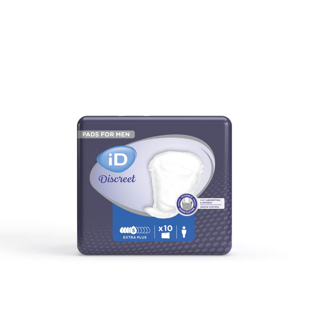 iD Discreet Pads for Men Extra Plus verpakking. Blauwe verpakking, productafbeelding, 5 x 10 stuks.