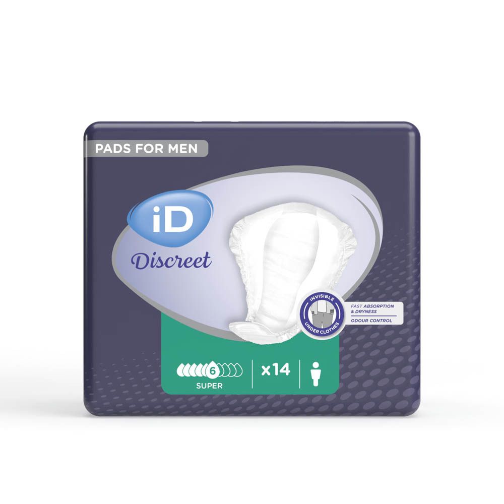 iD Discreet Pads for Men Super verpakking. 14 stuks, maat Super. Logo en productafbeelding. Vierkante vorm.