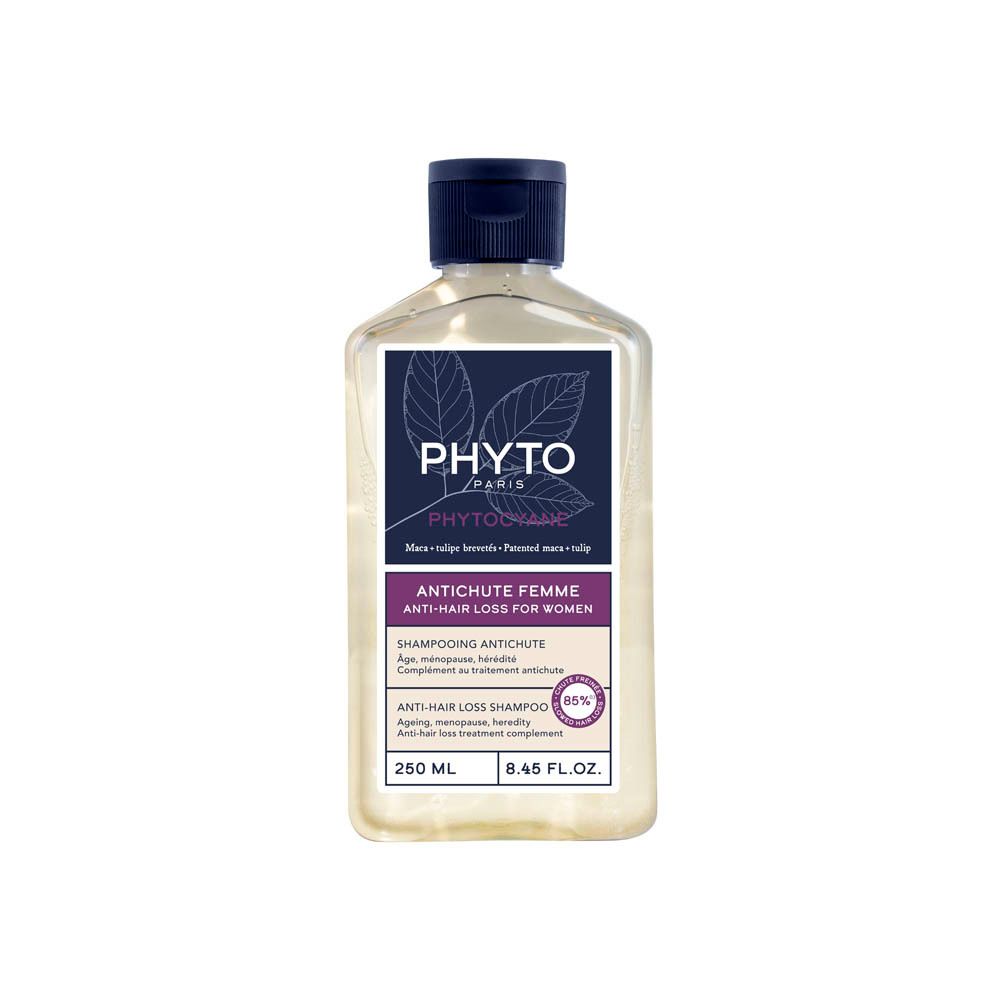 Phyto Paris Anti-haaruitval shampoo voor vrouwen. Fles met blauwe dop. Etiket met naam en logo. 250 ml.