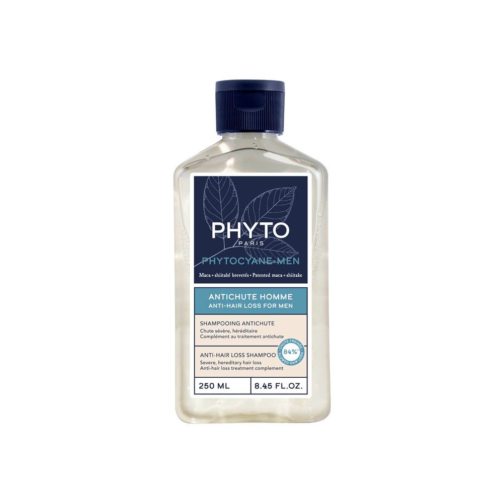 Flacon de shampooing transparent, bouchon bleu foncé. Inscriptions: PHYTO, PHYTOYANE-MEN, ANTICHUTE HOMME, ANTI-HAIR LOSS FOR MEN. 250 ml.