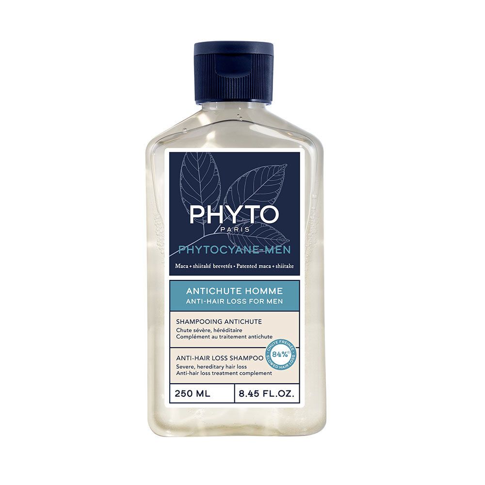 Transparante shampoo in vierkante fles met donkerblauwe dop. Opschrift: PHYTO, PHYTOYANE-MEN, ANTICHUTE HOMME, ANTI-HAIR LOSS FOR MEN. 250 ml.