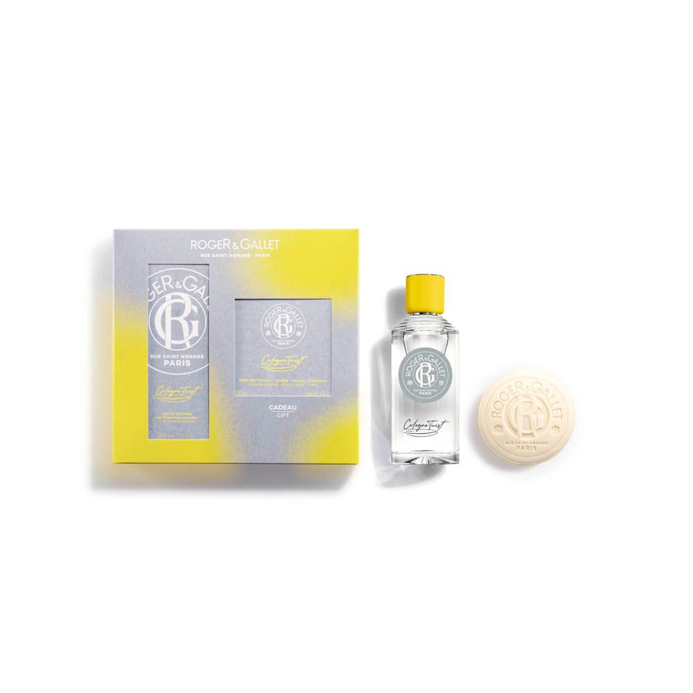 Geschenkset met flesje en zeep. Grijze en gele verpakking. Flesje en zeep ernaast.