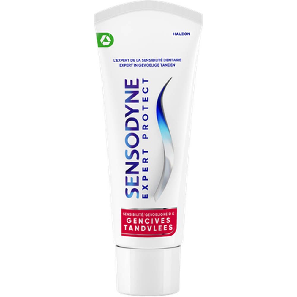 Tube de dentifrice Sensodyne Expert Protect. Blanc, bleu et rouge. Texte : Sensibilité & Gencives. Logo recyclage vert.
