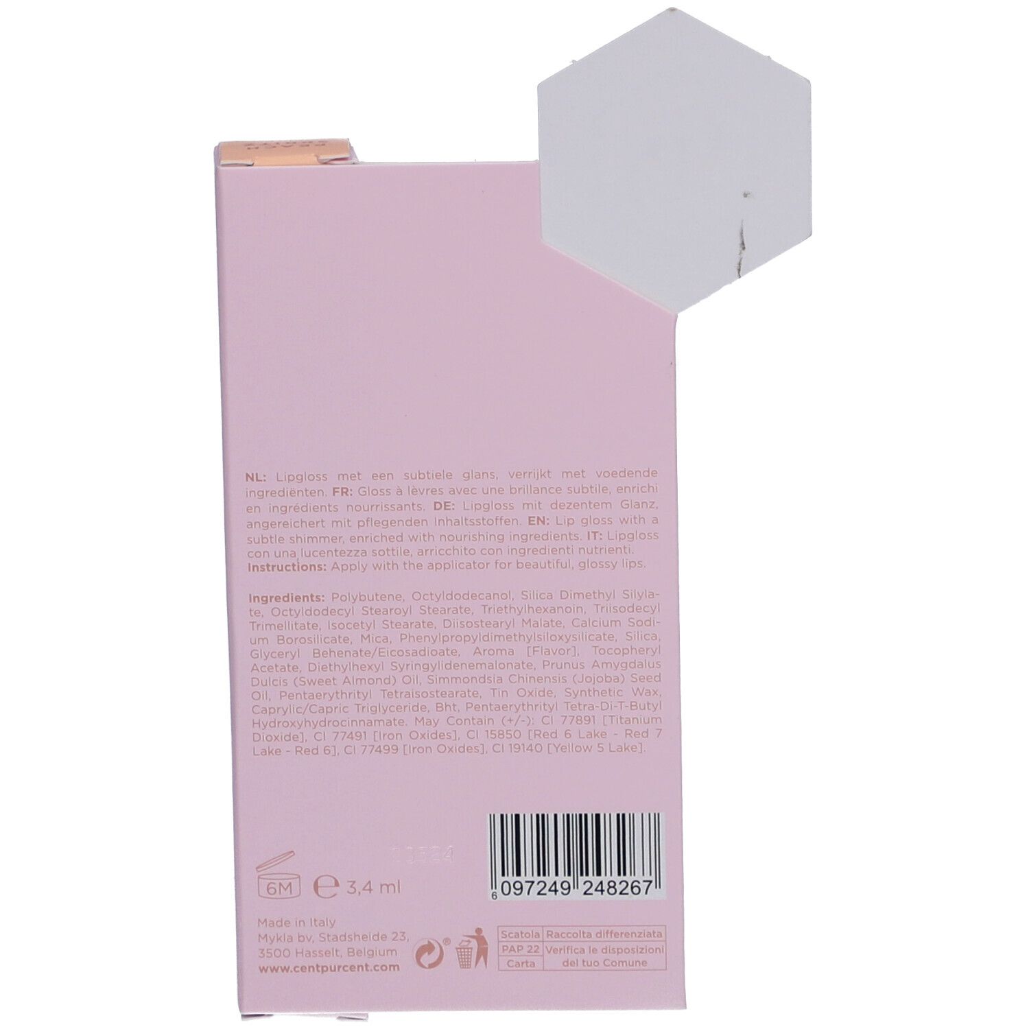 Dos de l'emballage du lipgloss. Emballage rose avec texte et ingrédients. Code EAN et logo.