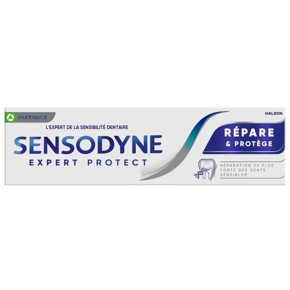 Dentifrice Sensodyne Expert Protect dans un tube blanc, avec inscription bleue et motif ondulé bleu.