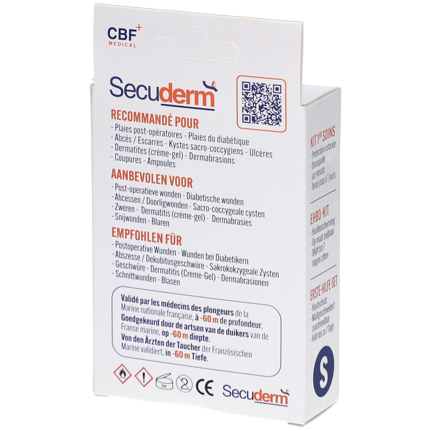 Dos de la boîte Secuderm. Recommandé pour diverses plaies. Marquage CE. Code QR.