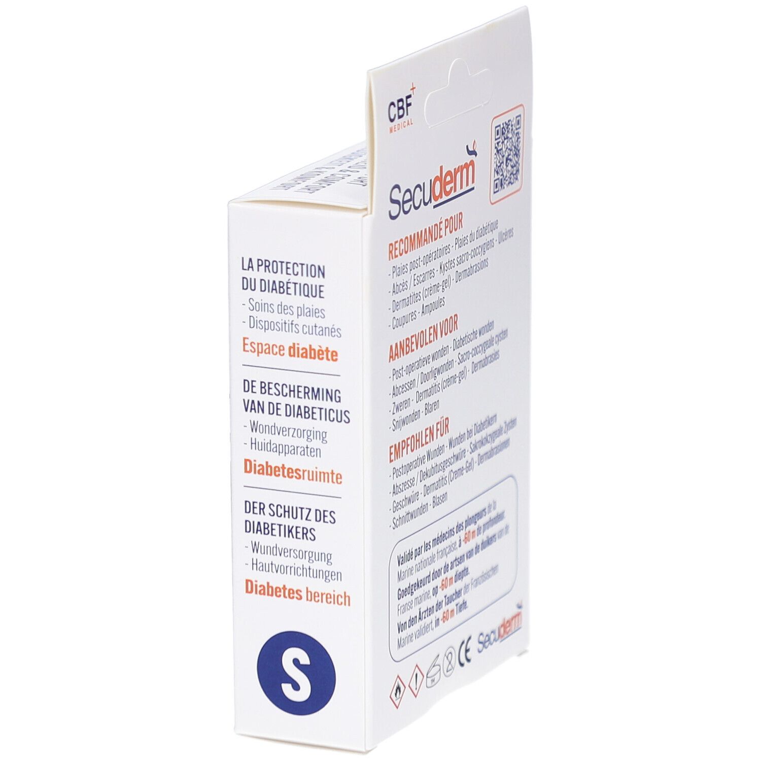 Vue latérale de la boîte Secuderm. Contient des informations d'utilisation. Logo CBF Medical. Taille S.