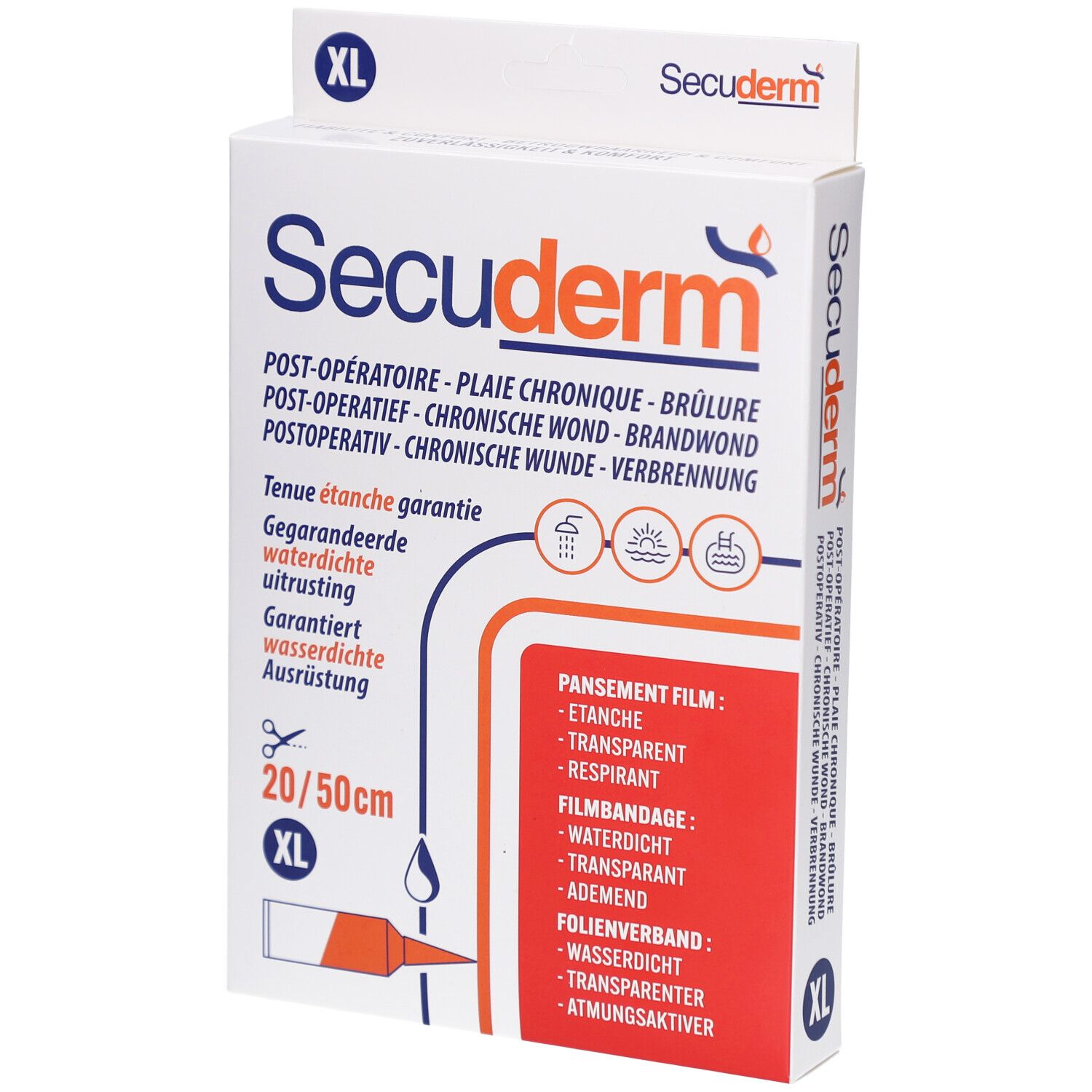 Verpakking Secuderm XL. Opschrift: Postoperatief, chronische wond, brandwond. Afmeting: 20/50cm. Waterdicht.