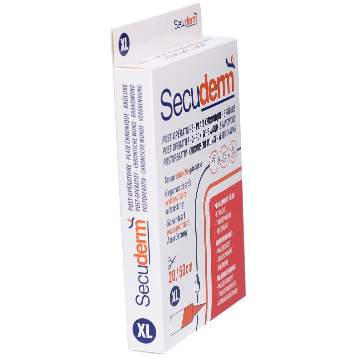 Zijaanzicht van de Secuderm XL verpakking. Opschrift: Postoperatief, chronische wond, brandwond. Afmeting: 20/50cm.
