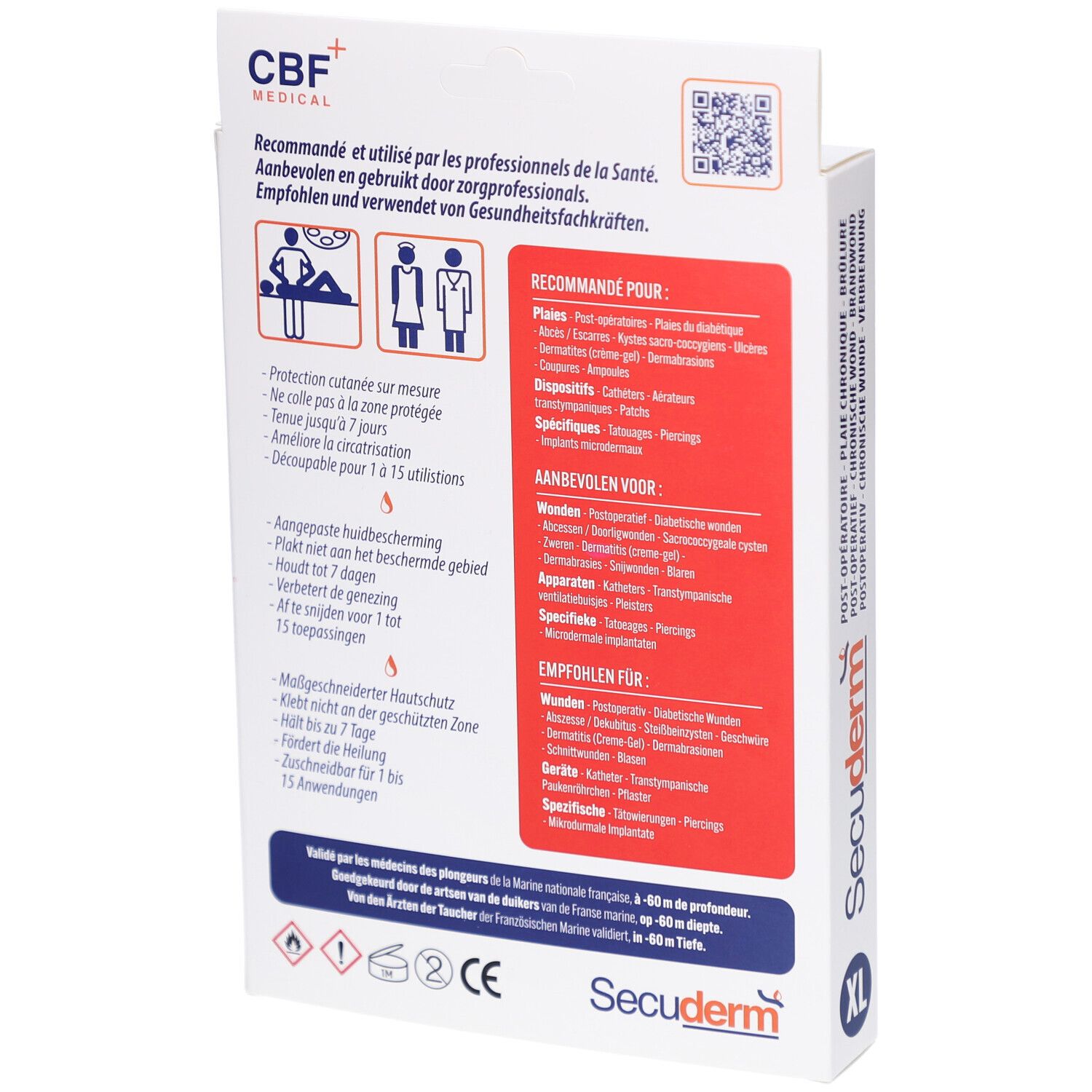 Achterkant van de Secuderm XL verpakking. Tekst: Aanbevolen voor professionals. Pictogrammen: personen, wonden. QR-code.