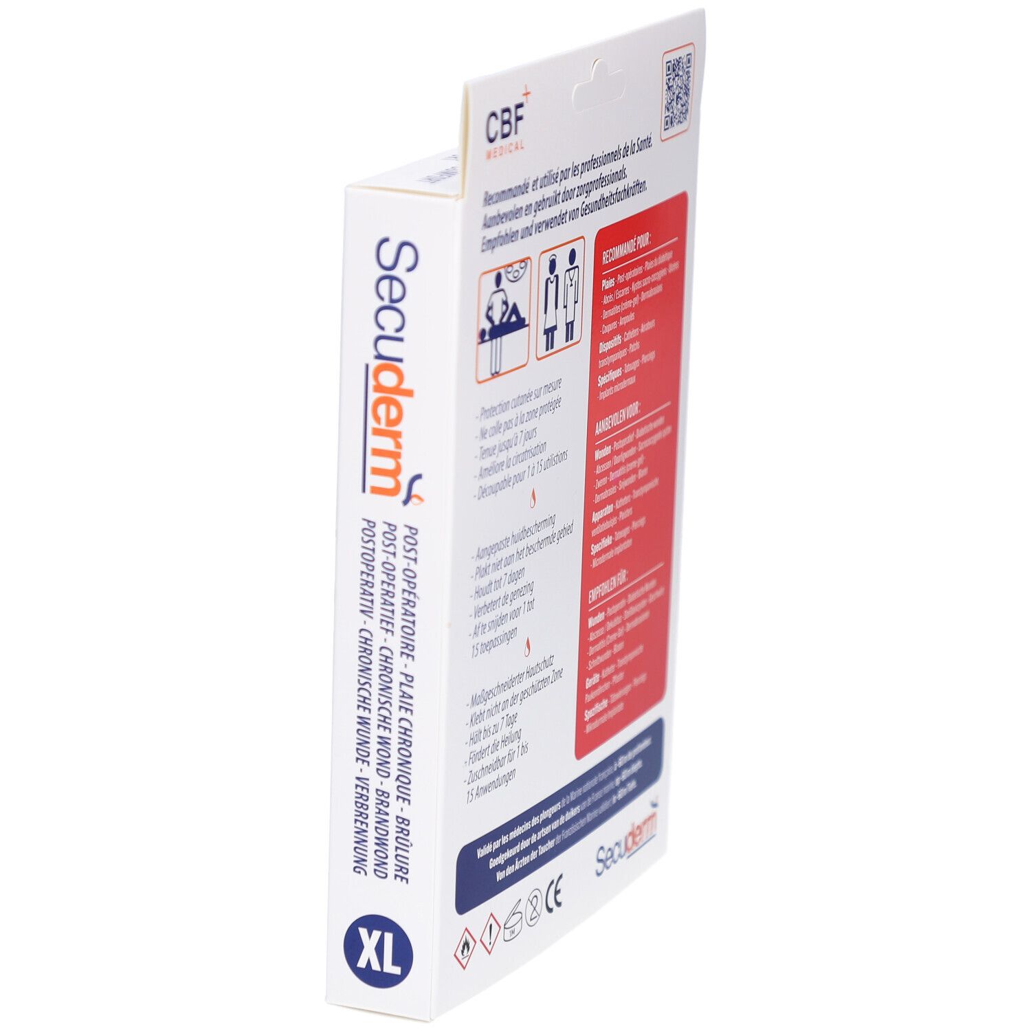 Zijaanzicht van de Secuderm XL verpakking. Opschrift: Postoperatief, chronische wond, brandwond. XL-logo.
