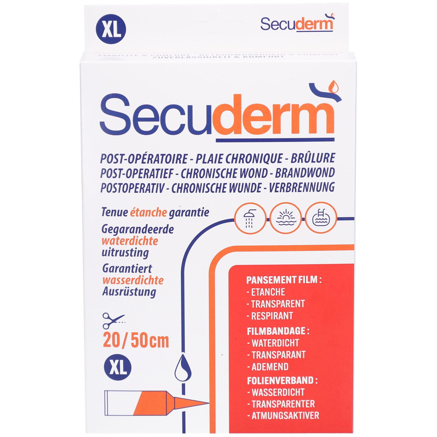 Verpakking Secuderm XL. Opschrift: Postoperatief, chronische wond, brandwond. Afmeting: 20/50cm. Waterdicht.