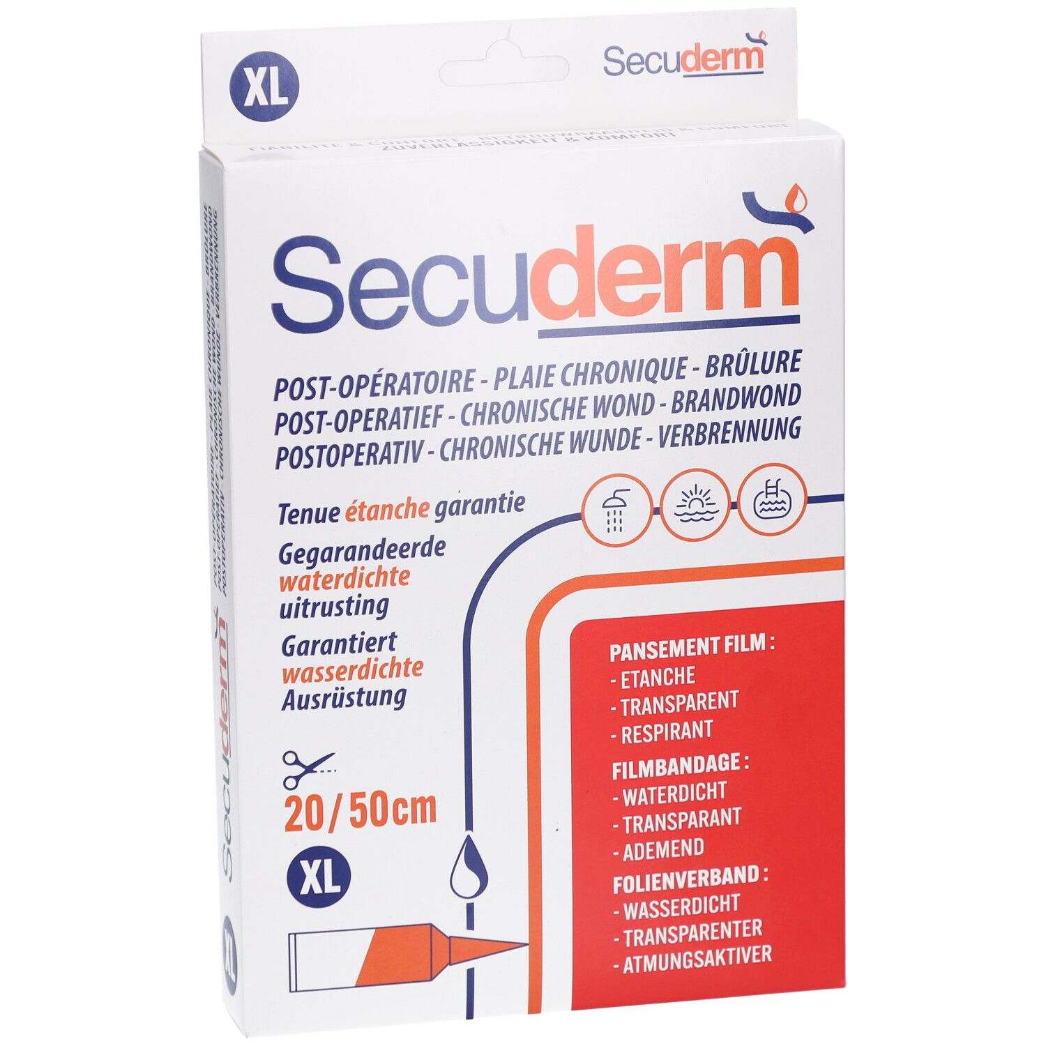 Verpakking Secuderm XL. Opschrift: Postoperatief, chronische wond, brandwond. Afmeting: 20/50cm. Waterdicht.