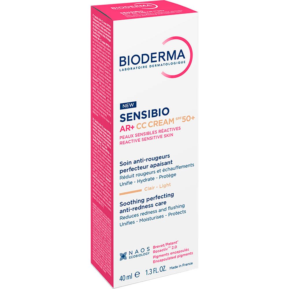 Verpakking van Bioderma Sensibio AR+ CC Cream SPF50+ Clair. Roze en wit. 40ml.