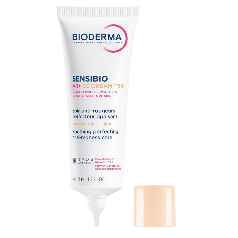 Zijkant verpakking Bioderma Sensibio AR+ CC Cream SPF50+ Clair. Tekst in het Italiaans.