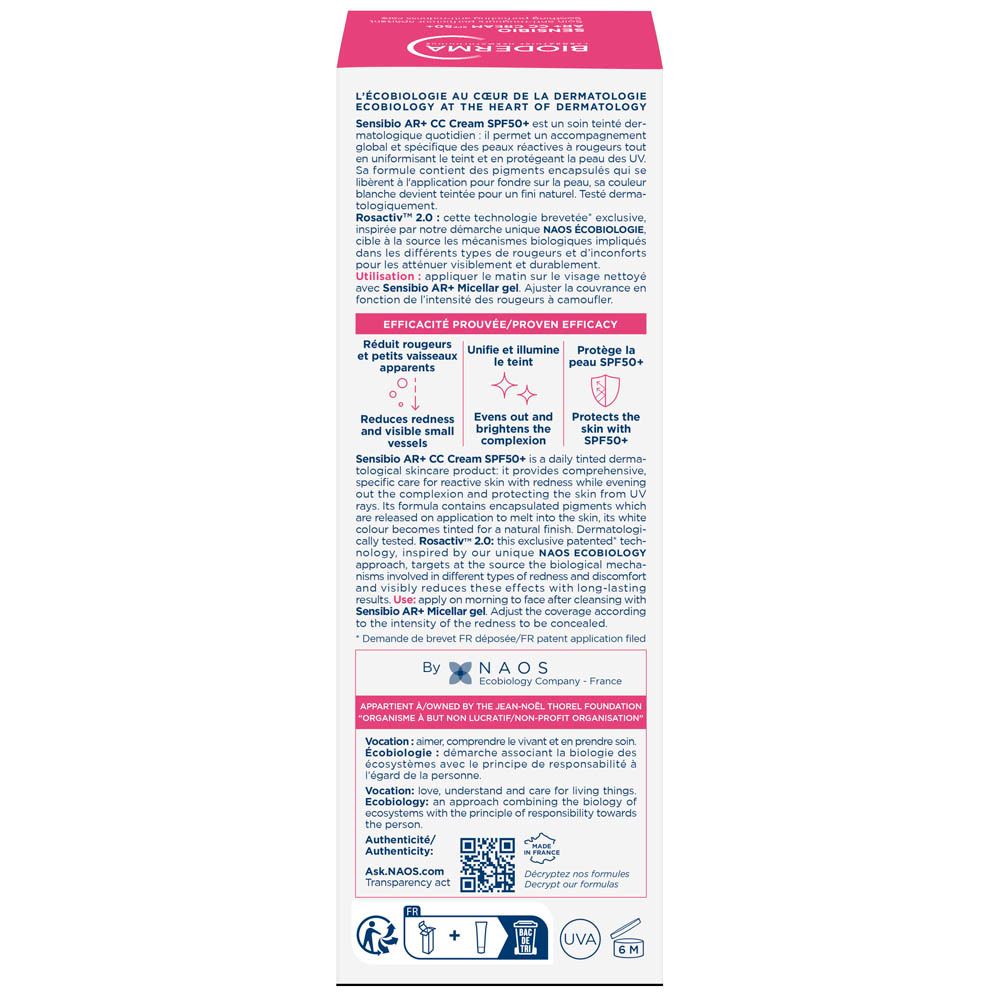 Zijkant verpakking Bioderma Sensibio AR+ CC Cream SPF50+ Clair. Tekst in het Duits en Nederlands.
