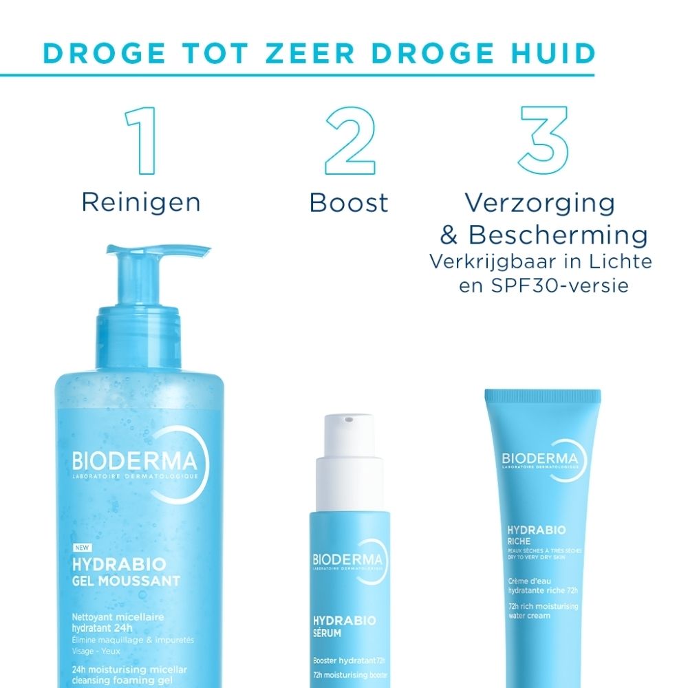 Drie producten. Tekst: Reinigen, Booster, Verzorging & Bescherming. Merk Bioderma. Achtergrond: lichtblauw.