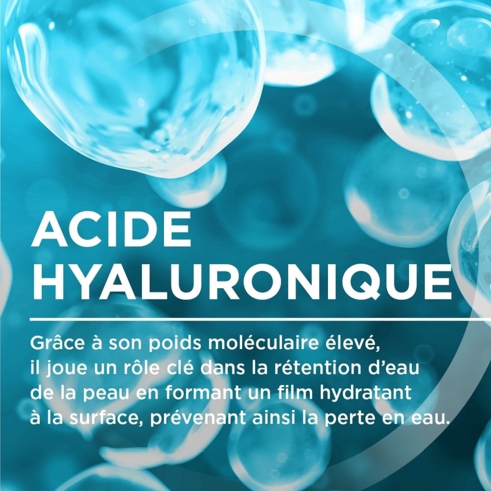 Gros plan de bulles. Texte : Acide Hyaluronique. Fond : bleu clair.