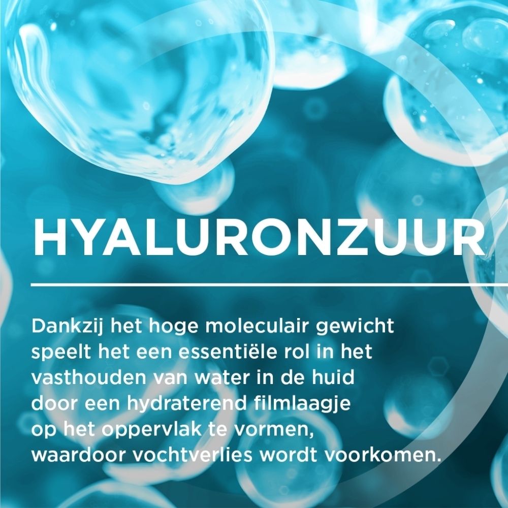 Close-up van bellen. Tekst: Hyaluronzuur. Achtergrond: lichtblauw.