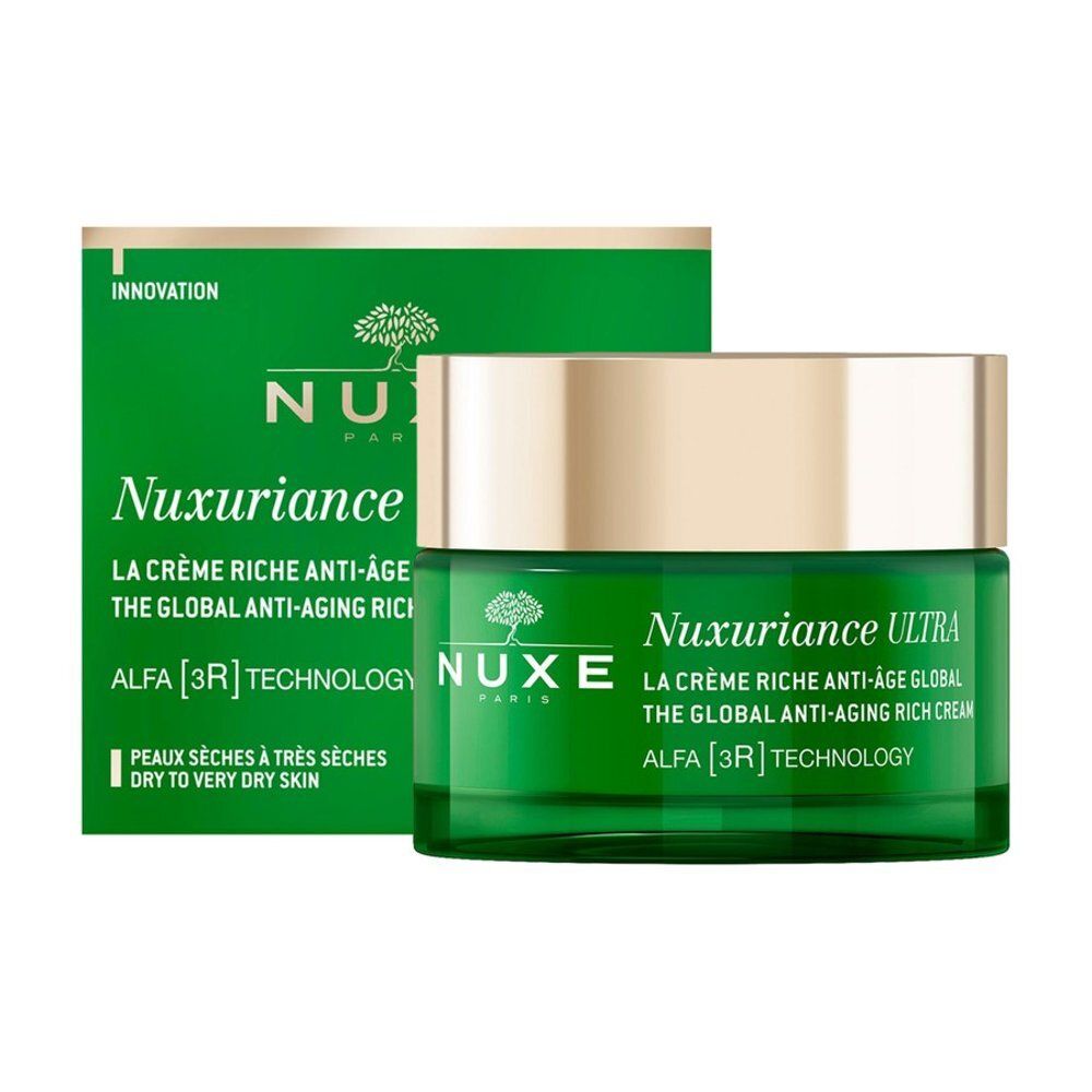 NUXE Nuxuriance Ultra pot, zijaanzicht met meertalige gebruiksinstructies.