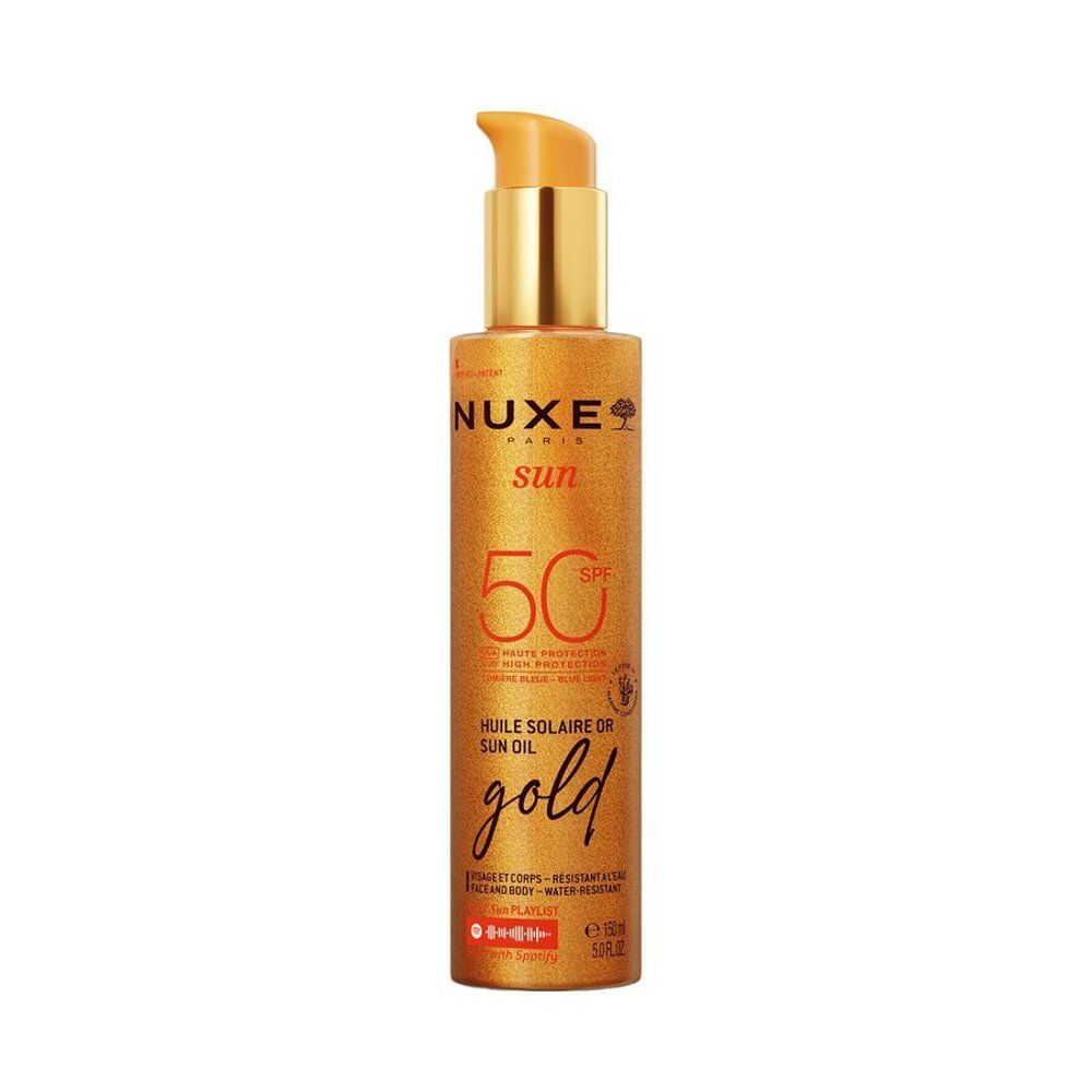 Nuxe Sun Zonneolie Gold SPF 50. Fles met pompdispenser, goudkleurige vloeistof.
