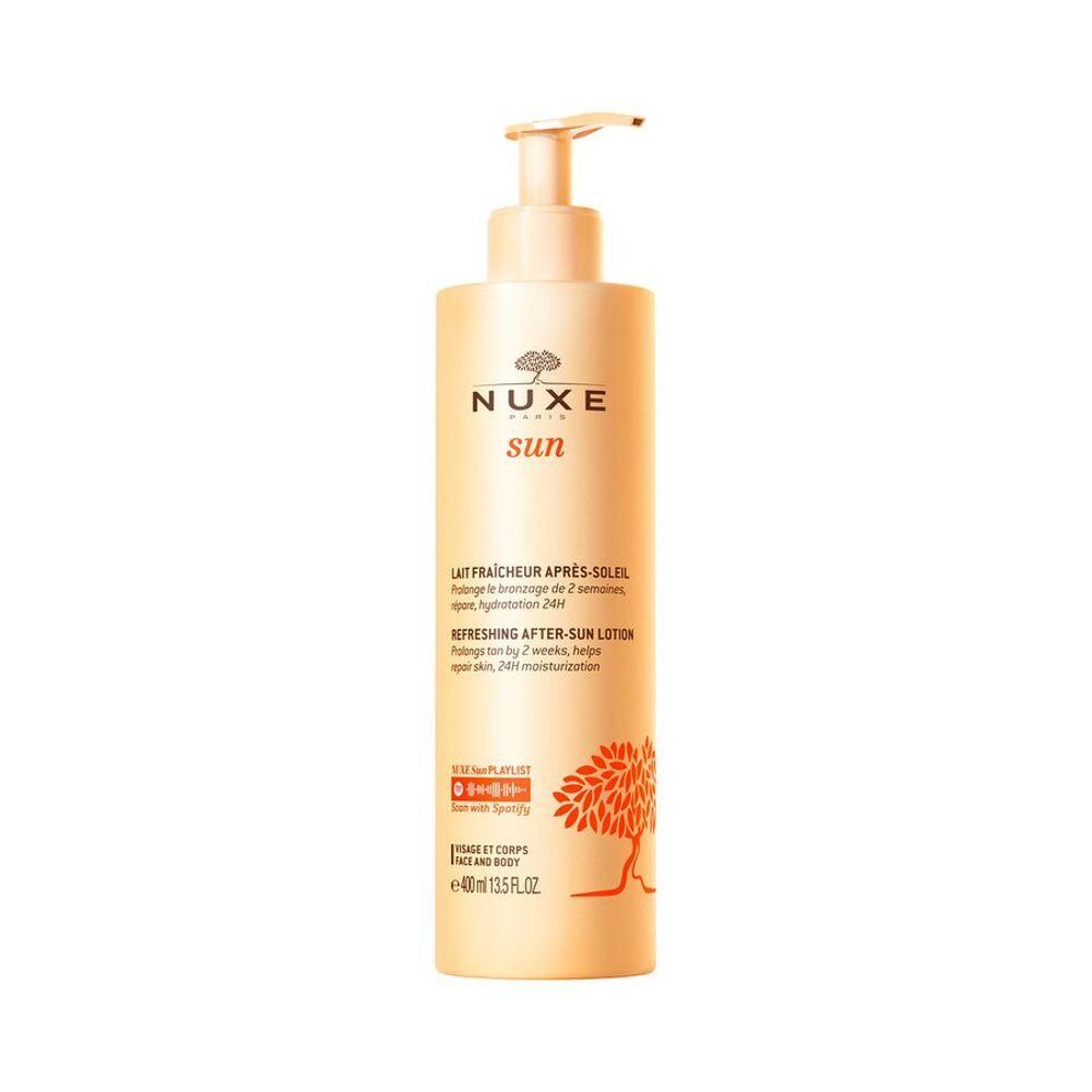 Nuxe Sun Verfrissende After-Sun Lotion in gouden fles met pompdispenser en boomillustratie.